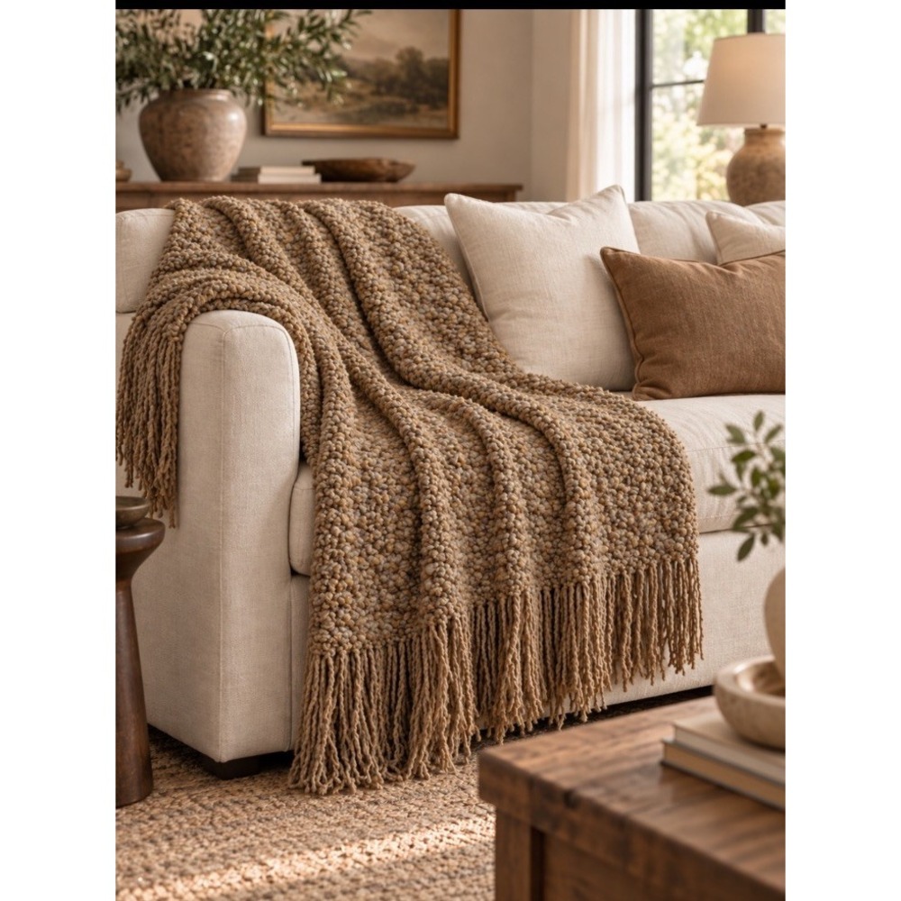 RARE Pottery Barn Blanket Throw Handknit Gold Camel Chenille Cable Fringe 58x44